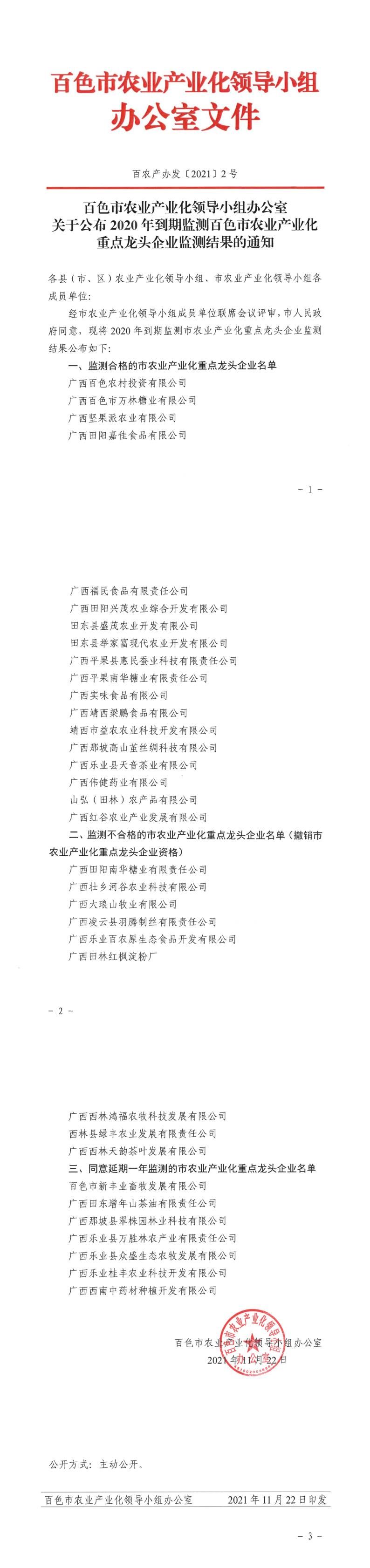 關于公布2020年到期監(jiān)測百色市農業(yè)產業(yè)化重點龍頭企業(yè)監(jiān)測結果的通知
