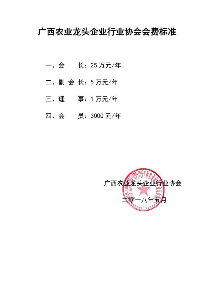 廣西農(nóng)業(yè)龍頭企業(yè)行業(yè)協(xié)會(huì)會(huì)費(fèi)標(biāo)準(zhǔn)